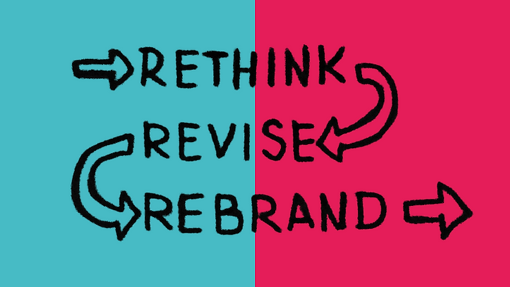 the words rethink, revise and rebrand with a blue and pink background